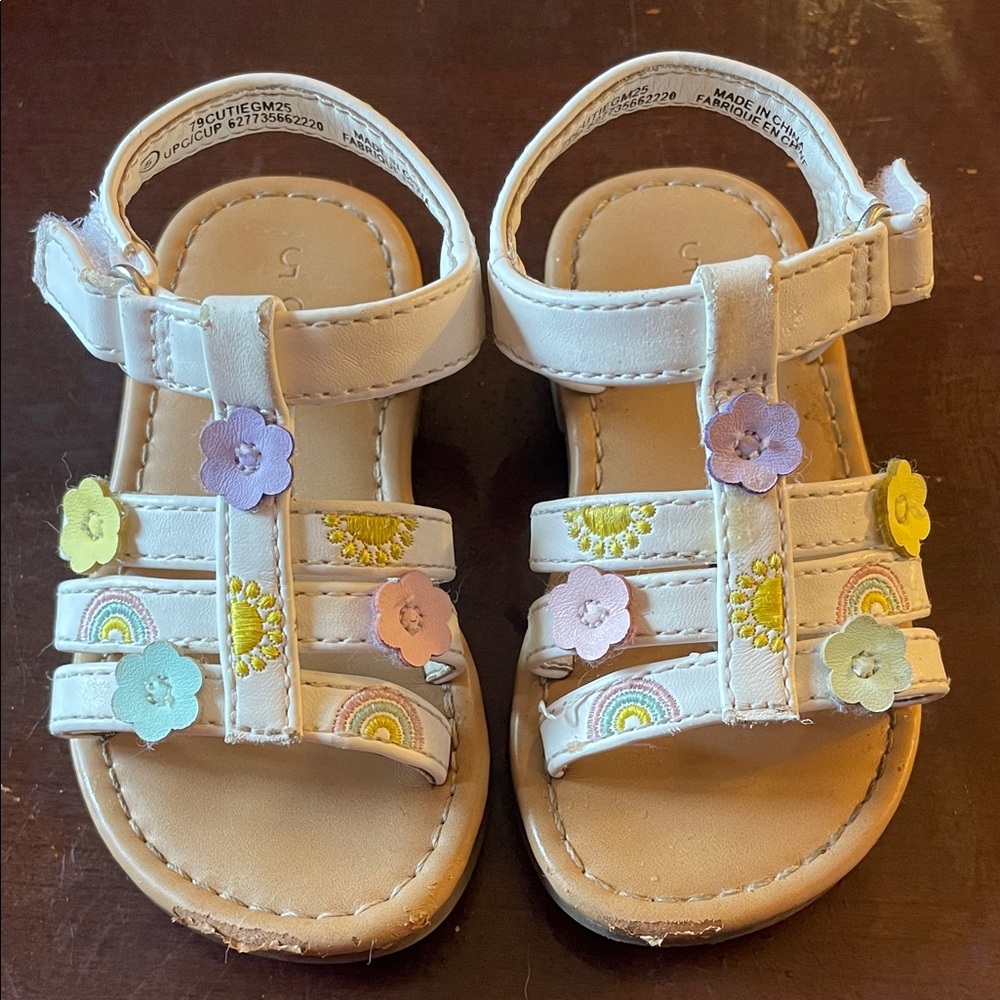 Kids White Flower & Rainbow Sandals - Cute Strappy Toddler Shoes